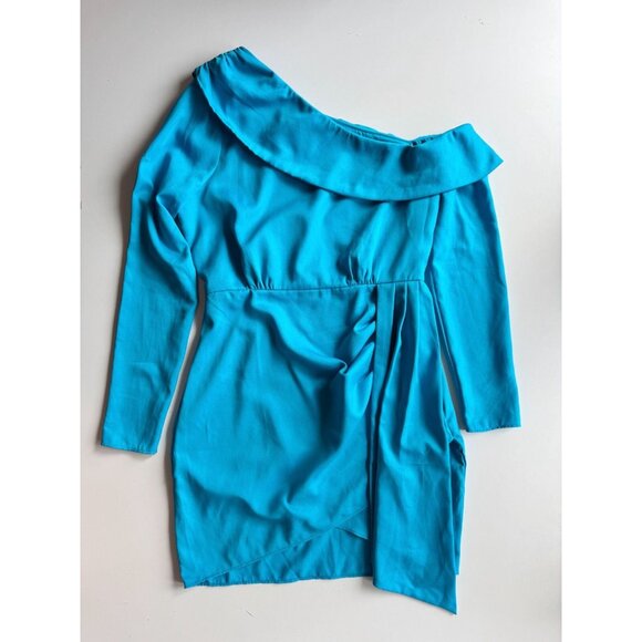 SAYLOR Kirstie Cerulean Blue One Shoulder Long Sleeve Draped Mini Dress, Size S - Picture 4 of 10